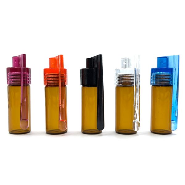 51mm / 36mm Bottiglia di vetro Snuff Snorter Dispenser Portatile Bullet Snorter Fiala di plastica Custodia per pillole Contenitore con cucchiaio Accessori per fumatori a più colori