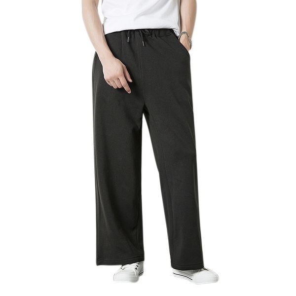 

men fashion hip hop drawstring elastic waist wide leg pants jogger pants male casual solid color sport baggy straight trou, Black