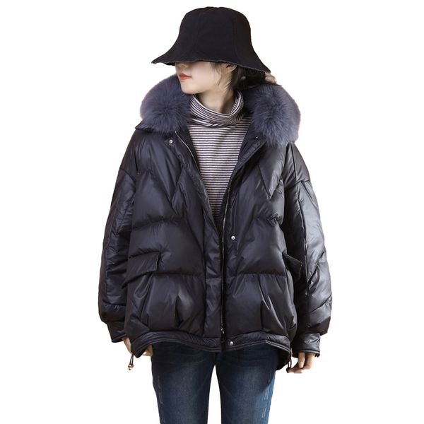 

women's short cotton-padded clothes 2020 winter plus size new version a fashion bakery fur big fur collar loose coat a42, Black