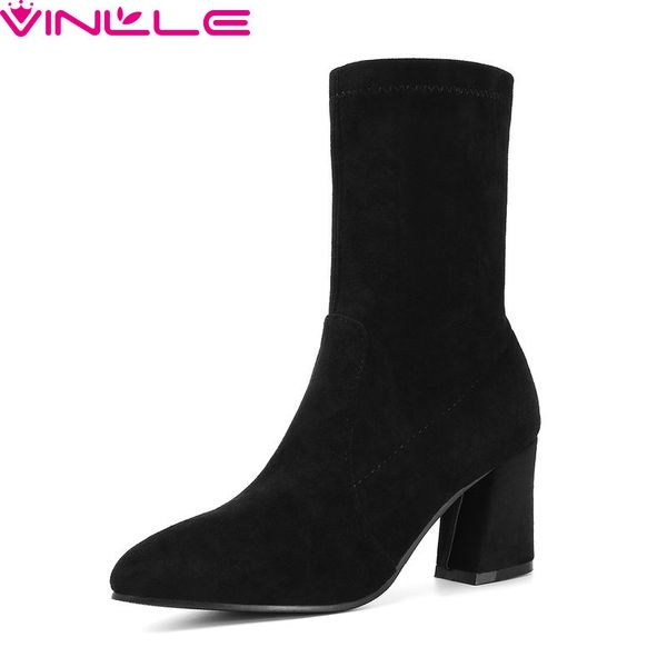 

vinlle 2019 fashion women ankle flock slip on square high heel elegant casual basic solid fashion all match shoes size 34-43, Black