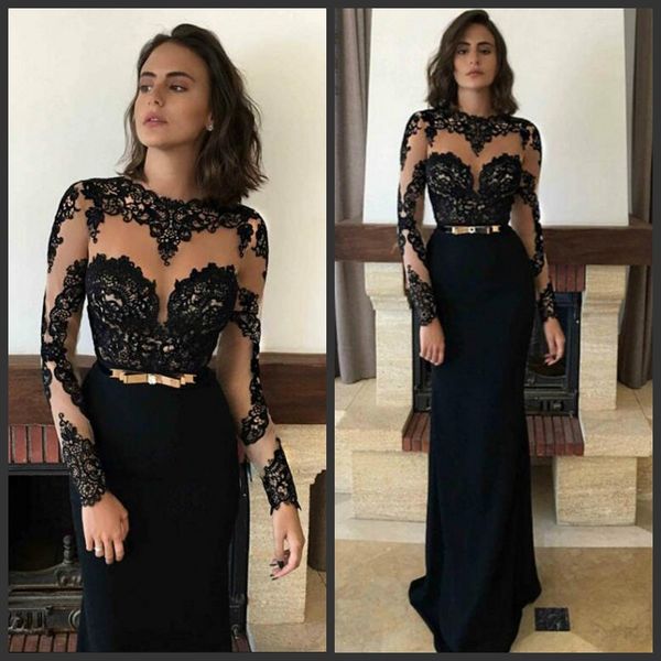 

black lace prom dresses illusion long sleeves transparent sheer neck 2019 fashion formal evening dresses floor length women party gowns