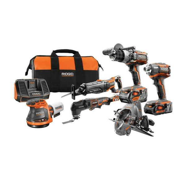 

new ridgid power tool combo kit 18v lithium-ion cordless battery charger bag 6-tool