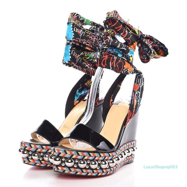 

summer women high heels fashion red bottom levantine wedge sandals with bow & graffiti strap lady beach sandalias women's pumps party d, Black