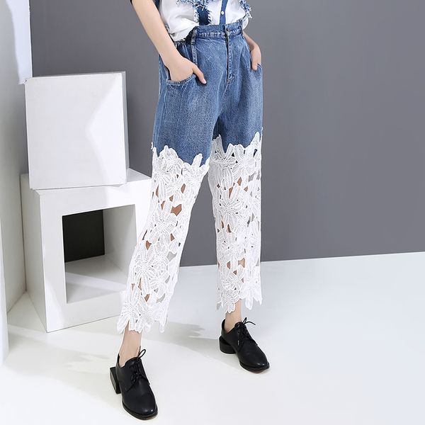 

denim splice lace high waist straight jeans women summer loose fit ankle-length pants high street fashion casual trouser 2020, Blue
