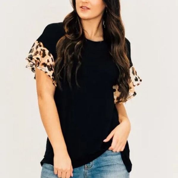 

women's patchwork blouse o-neck leopard print splicing short sleeve shirts loose blouses plus size blusas mujer shirt, White