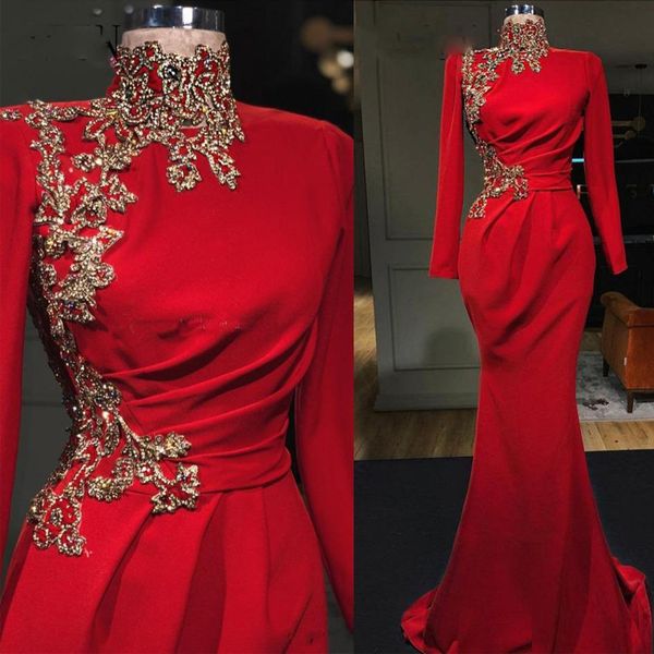 

2020 high collar red mermaid prom dresses arabic long sleeve gold sequined appliques ruched evening party gowns vestidos de fiesta, Black;red
