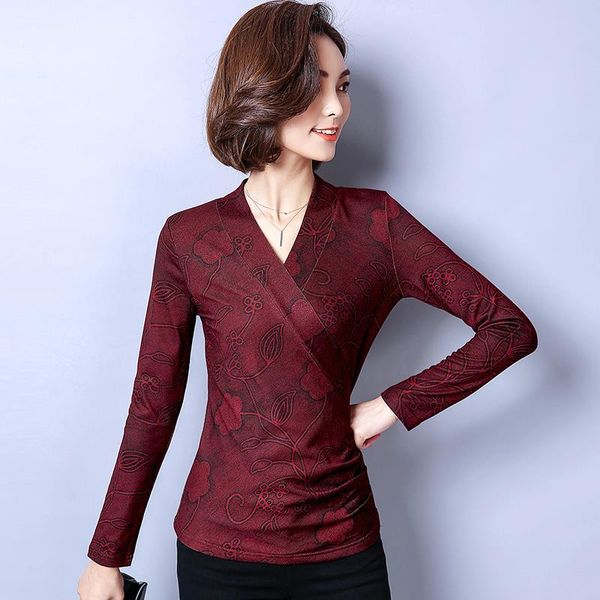 

2017 autumn new style korean-style versatile slim fit v-neck printed large size sweater t-shirt women's fashion, White