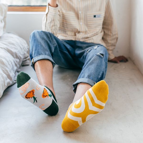 

plant fruit ankle asymmetry socks short funny cotton women men happy sock summer casual breathable short socks, Black