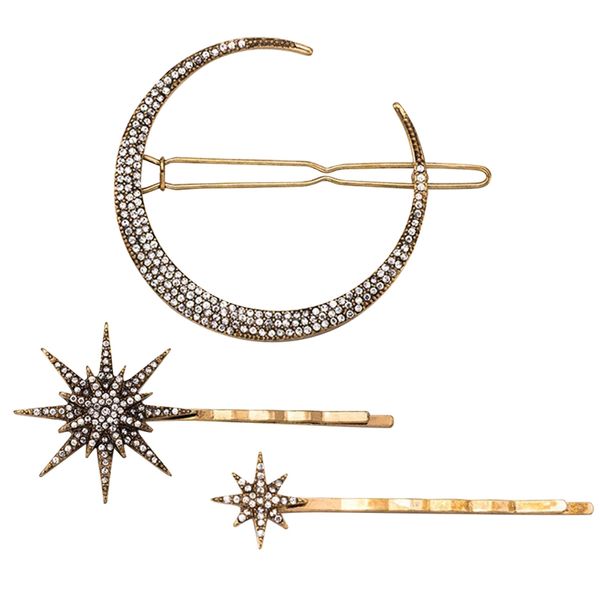 

vintage moon snowflake star hair clip bobby pins - women lady alloy barrettes hairpin side clip hair accessories, Golden;white