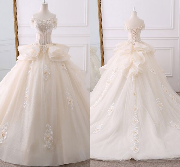 

luxurious pearls beading champagne wedding dresses off shoulder lace up back princess ruffles lace applique ball gowns party bridal gowns, White