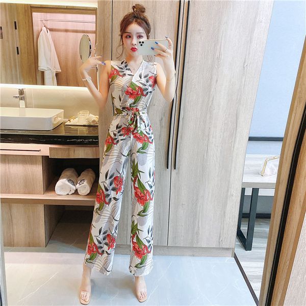 

2020 new summer women bow casual wide legs jumpsuits female overalls floral print sleeveless romper v-neck playsuit t06, Black;white