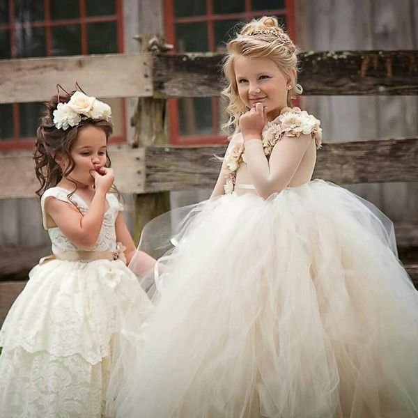 

lovely flower girls dresses for wedding jewel neck long sleeve 3d handmade flowers girl pageant gowns, White;blue