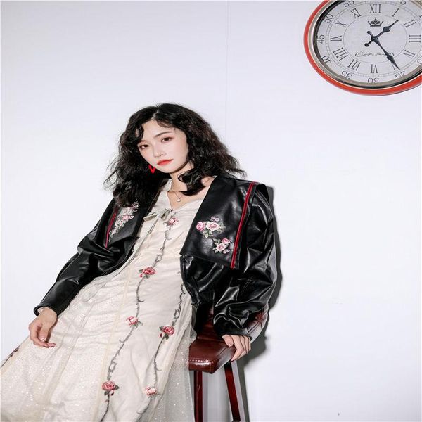 

leather jackets solid color long sleeve womens short jackets navy collar ladies casual jackets fashion womens embroidery, Black