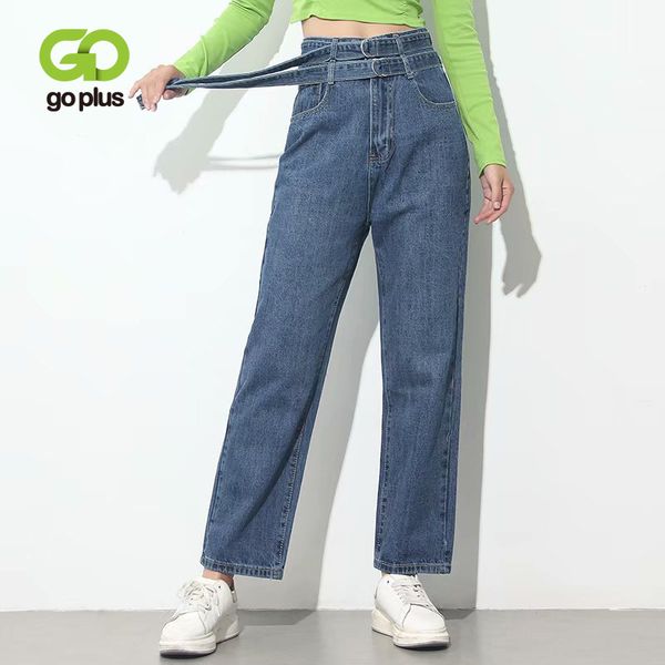 

goplus jeans woman straight pants high waist boyfriend mom jeans double belt denim trousers ropa mujer jeanshose damen c10504, Blue