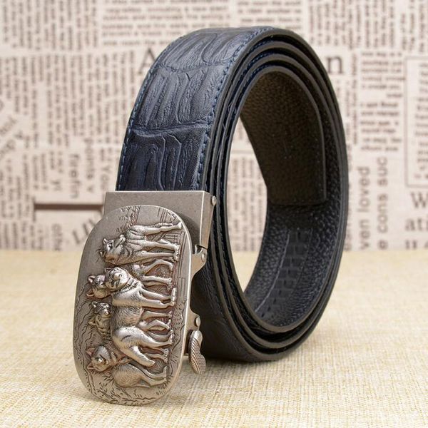 

2018 men genuine leather belt automatic wolf buckle crocodile grain belt waistband punk style alligator jeans zlb341b, Black;brown