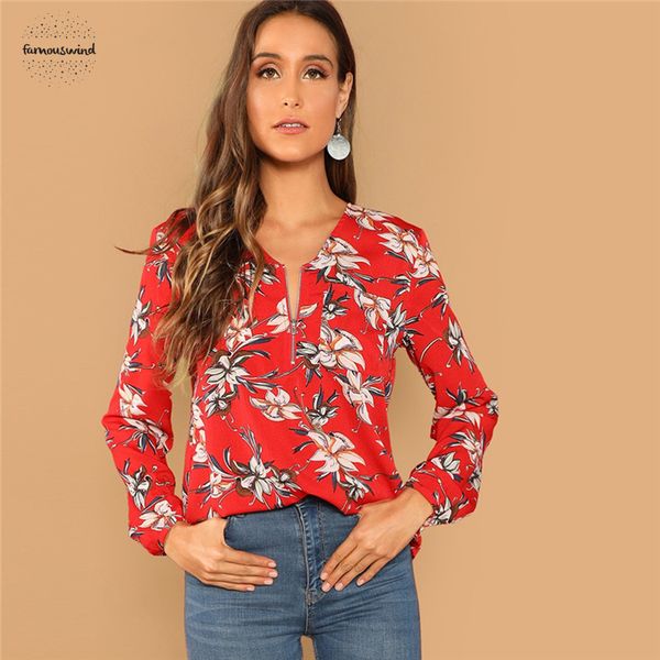 

red blouse casual print pocket zip half placket v neck long sleeve autumn vacation holiday women floral and, White