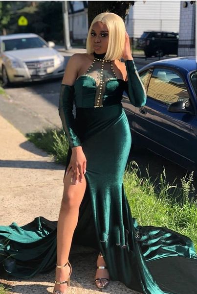 

2019 Glamorous Halter Mermaid Evening Dresses Beading Front Split Green Prom Gowns Pageant Party Gowns Custom Made