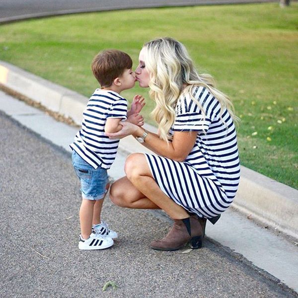 

summer family matching clothes mother daughter women girl short sleeve striped long tee, White