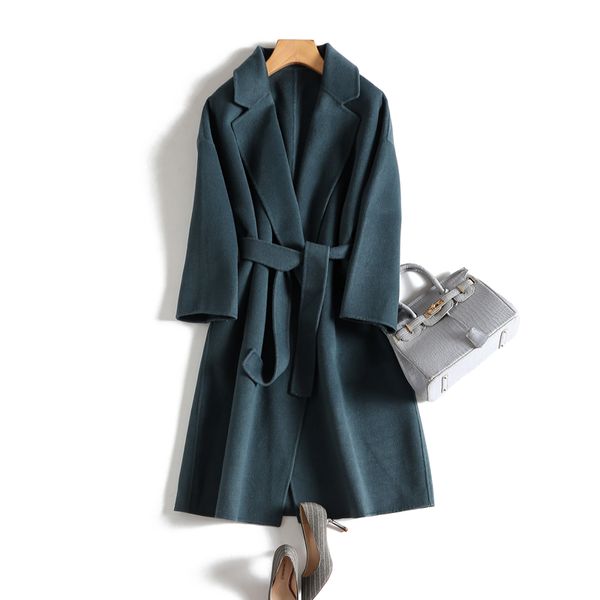 

зима элегантный 100% шерсти пальто женщина длинные винтажная шерстяная куртка женщин корейской вскользь дамы пояса смесь пальто lw2905, Black