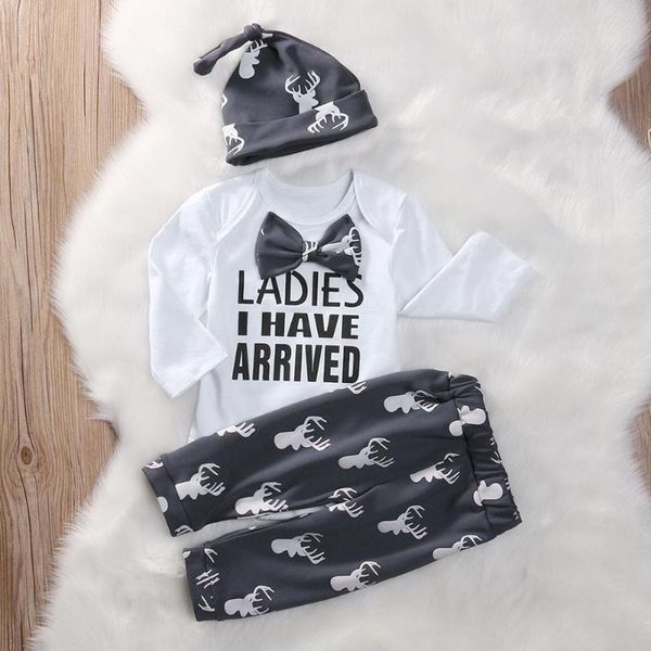 

3pcs baby kids clothes set cotton letter deer printing long sleeve simplicity comfortable soft o-neck jumpsuit trousers hat, White