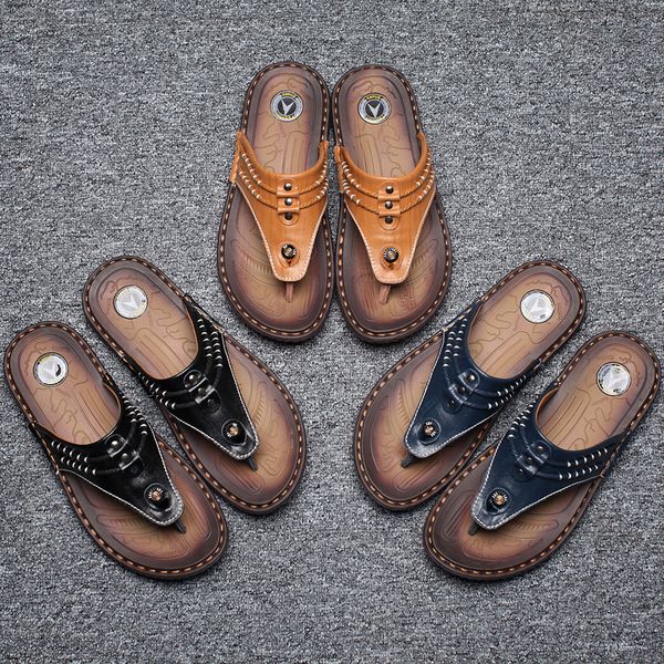 

2018 summer flip-flops men's slippers anti-slip korean-style trend sandals slippers leather slipper men's shoes trendy shoes, Black