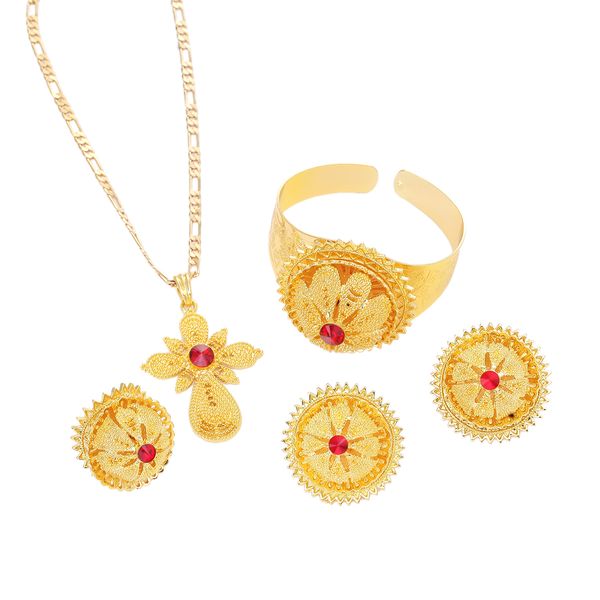 

gold color ethiopian jewelry sets red blue green stone ethiopian habesha bride wedding eritrea chain african jewelry set, Black