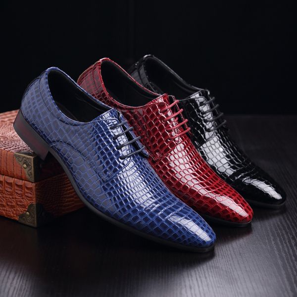 

men leather shoes blue red black crocodile pattern printed formal business derby shoes wedding party office footwear men
