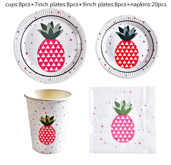 

8pcs 7inch tropical fruit pineapple paper plates cup napkin disposable cake barbecue dishes birthday party wedding tray plate