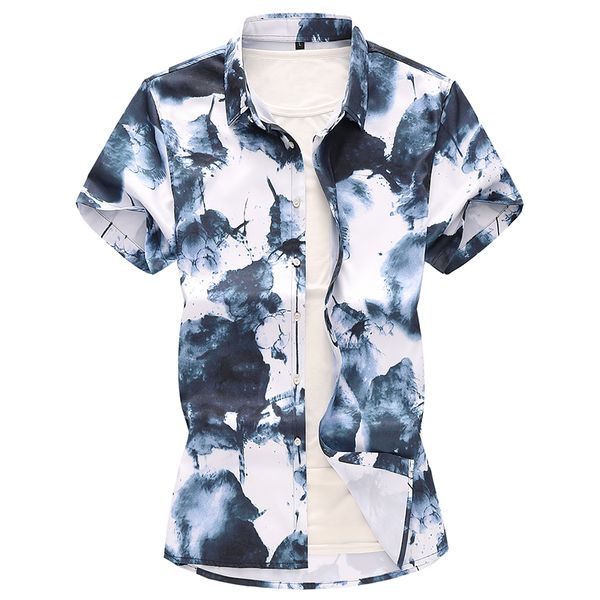 

men summer chinese style ink short sleeve shirts male hawaiian vacation party floral printed casual shirt camisa masculina 6xl, White;black