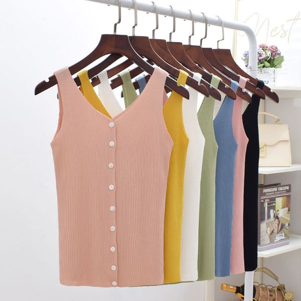 

women knitted vest sleeveless v-neck knitwear button short casual female tanks & camis summer, White