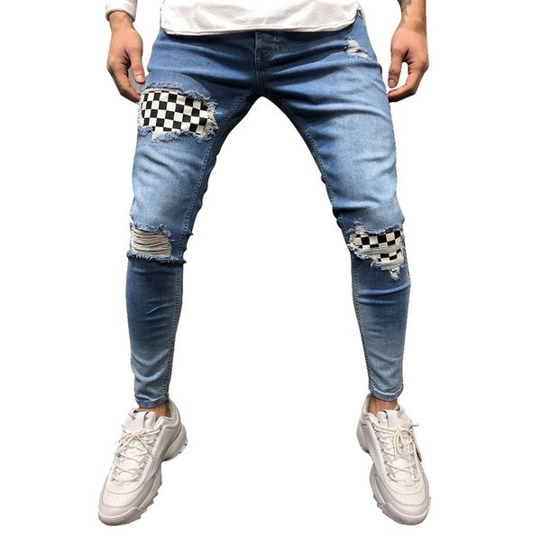 

adisputent men denim trousers fashion badge worn patchwork skinny slim fit zipper denim pant destroyed gothic style ripped jeans, Blue