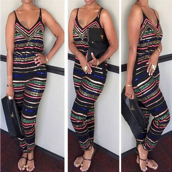 

summer jumpsuit deep v neck sleelveless printing ankle length jumpsuit women summer clothes plus size s-xxxl, Black;white