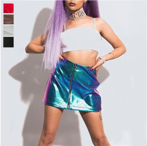 

женщины sexy высокой талией круг zipper блестящая кожа pu мини короткой юбки офис леди 2020 весна лето все матча юбки a-линии, Black