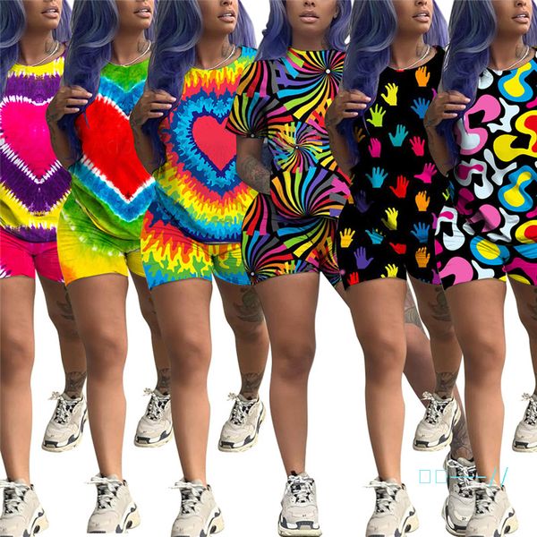

мода лето шорты комплект для женщин tie-dye сердца печати футболки и шорты двухкусочный эпикировка street костюмы с коротким рукавом пижамы, Gray