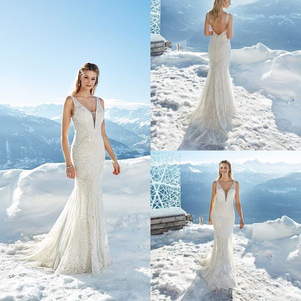 

mermaid wedding dresses v neck sequins applique wedding dresses backless sweep train bridal gowns vestidos de novia, White