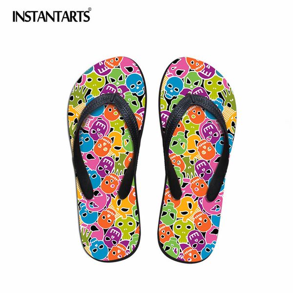 

instantarts summer beach slippers for women's cute skulls printing rubber non-slip flip flops girls lady fashion comfort sandals, Black