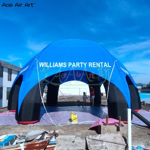 Tenda gonfiabile a cupola con ragno da 8 m e 6 raggi, gambe nere e coperture blu, tubi da 0,9 m di diametro, palloncino per tenda da festa con testo del logo in vendita