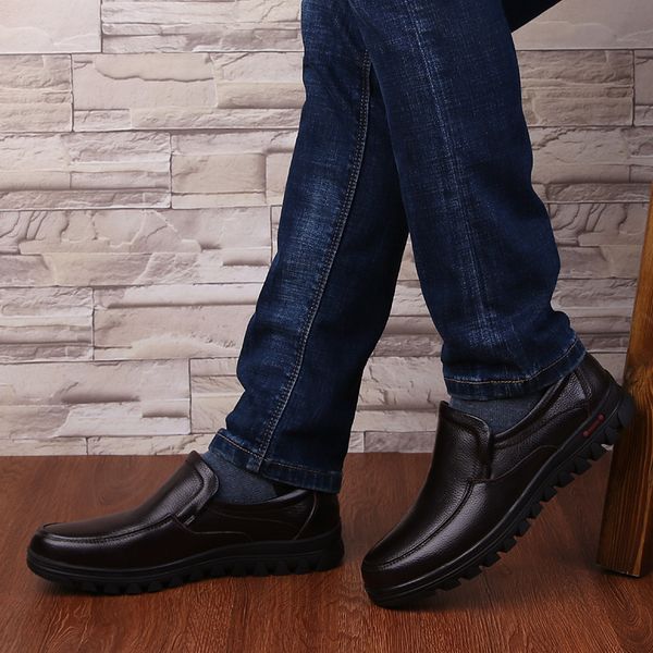 

genuine leather plus velvet men flats shoes business casual shoes classic official loafers soft moccasins male breathable flats, Black