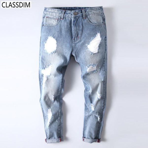 

мужские хлопчатобумажные джинсы по щиколотку брюки мужские большой размер случайные тонкие джинсы отверстия отбортовки промытый светло-синий, Blue
