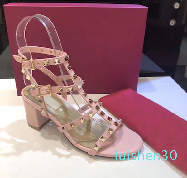 

women leather stud sandals t-strap sandal summer high heels rivets shoes ladies party shoes 6.5cm 9.5cm 15color l30, Black