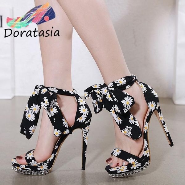

doratasia sweet flowers print shoes thin high heels date sandals women fashion chains sandals, Black