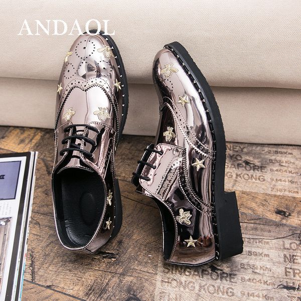 

andaol men's leather casual shoes handmade silver embroidered oxford luxury breathable lace-up wedding party shoes, Black
