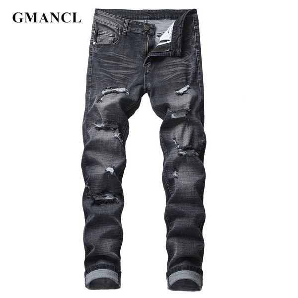 

men vintage black hip-hop ripped stretch slim fit jeans pants fashion streetwear male cotton casual joggers denim trousers 40, Blue