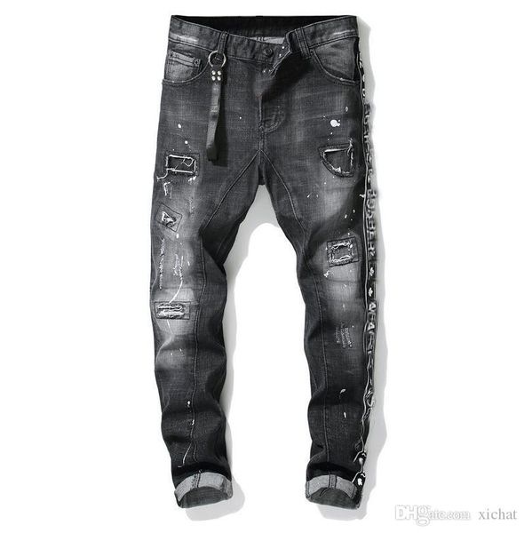 

unique mens ribbon panelled skinny black jeans fashion designer slim fit washed motocycle denim pants patches hip hop trousers 1011