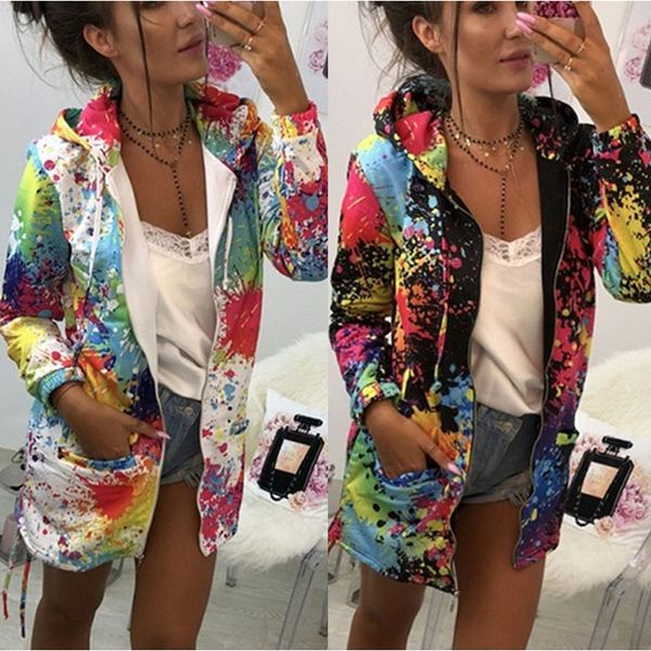 

женщины осень 3d печати с длинным рукавом на молнии свободные куртки пальто дамы повседневная капюшоном карман пальто верхняя одежда топ, Black;brown