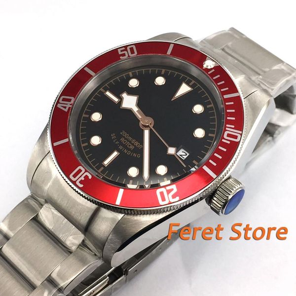 

41mm corgeut men's watch black dial red bezel sapphire glass bracelet automatic wrist watch men, Slivery;brown