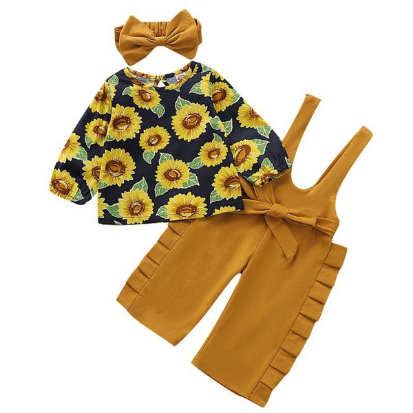 

3pcs set princess girls long sleeve cute floral blouse suspender skirt overall headband kids girl clothing set, White