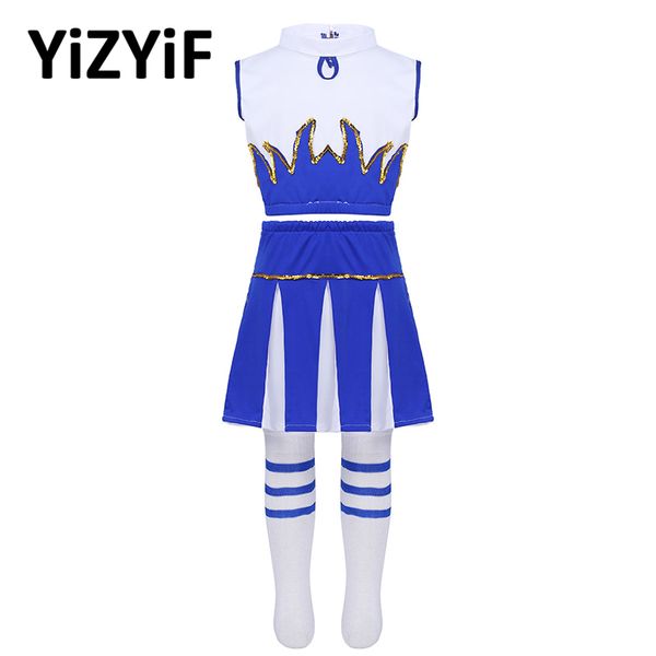 

cheerleading kids girls cheerleader costume rave outfit sleeveless crop with skirt and socks jazz dance teens dancewear