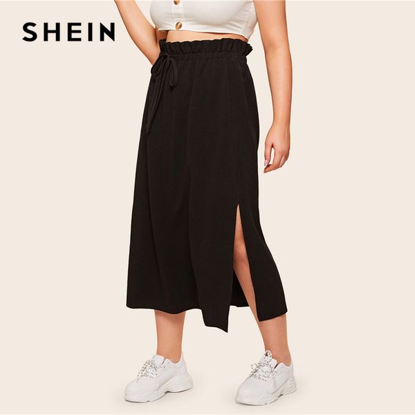

shein plus size black ruffle drawstring paperbag waist split side skirt 2019 women spring summer casual long hem maxi plus skirt