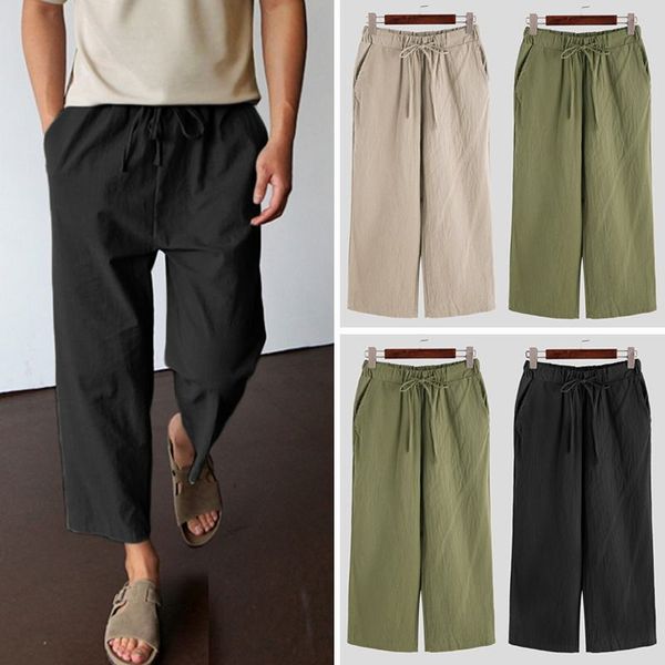 

men trend solid color wide leg pockets pants small fresh social linen cotton lacing pencil trousers slim brand mens incerun 5xl, Black